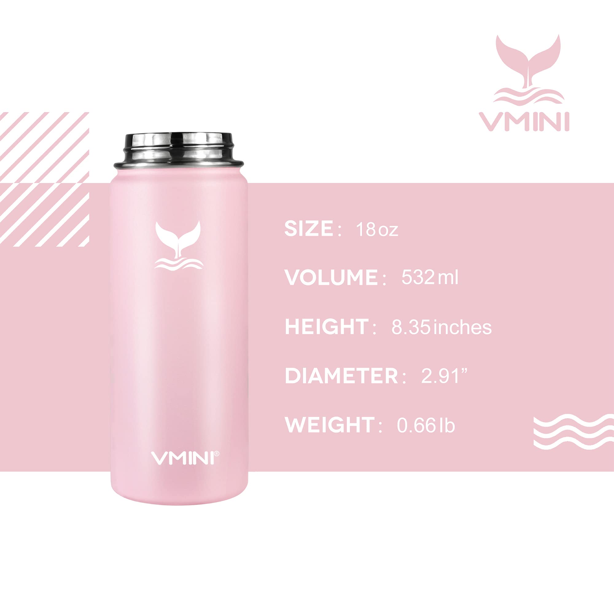 Vmini Water Bottle with Straw, Wide Rotating Handle Straw Lid, Wide Mouth Vacuum Insulated Stainless Steel Water Bottle, Pick, 18 oz