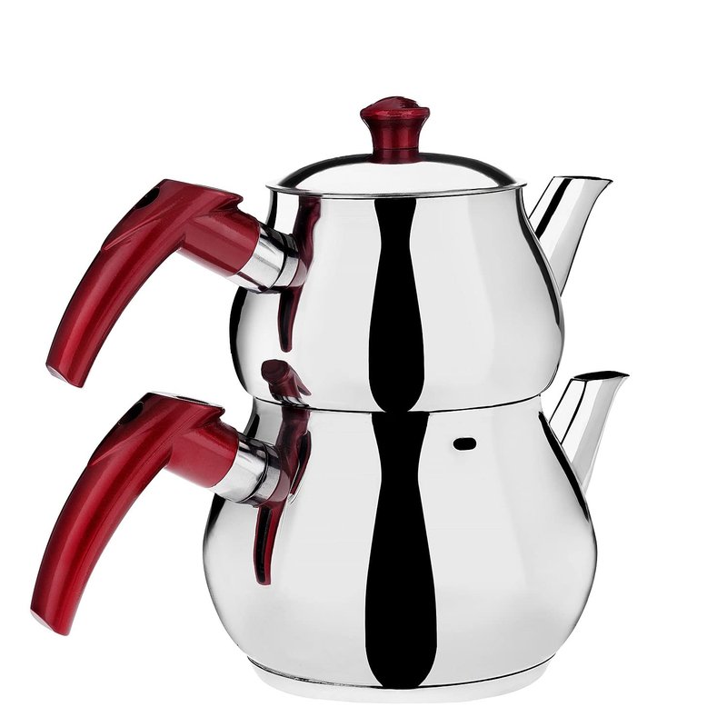 DESTALYA Turkish Teapot Set | Stainless Steel Double Tea Pots for Stove Top | Tea Maker with Strainer | Samovar Tea Kettle, Water Heater (Midi with Red Handles)