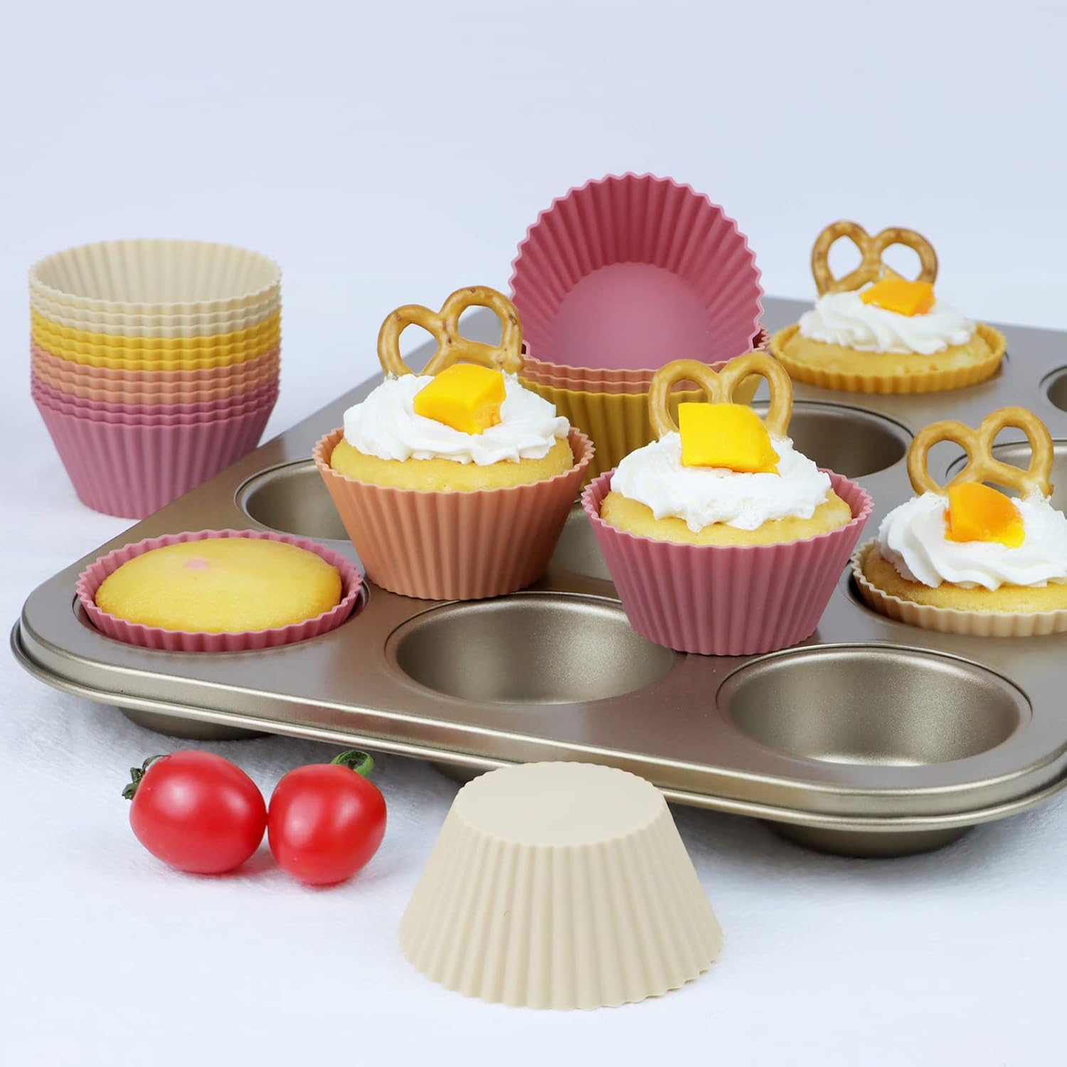 Skiennix Silicone Baking Muffin Cups - 12 Pack Reusable Cupcake Liners, BPA Free & Dishwasher Safe | Orange Series