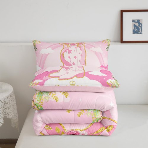 Manfei Cowgirl Boots Kids Queen Comforter Sets,Western Pink Girly Reversible Bedding Set for Girls Children,Kawaii Girl Boots Bowknot 3 Pieces Quilt Sets,South West Pink Duvet Insert,2 Pillow Cases