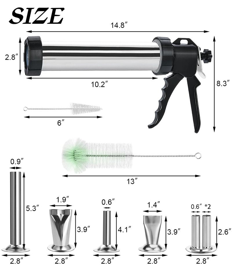 Jerky Gun for Ground Meat, Beef Jerky Making Kit, Stainless Steel Beef Jerky Gun Jerky Marker Sausage Stuffer, 1 LB Professional Jerky Gun Kits with 5 Nozzles, 2 Cleaning Brushes, Jerky Shooter