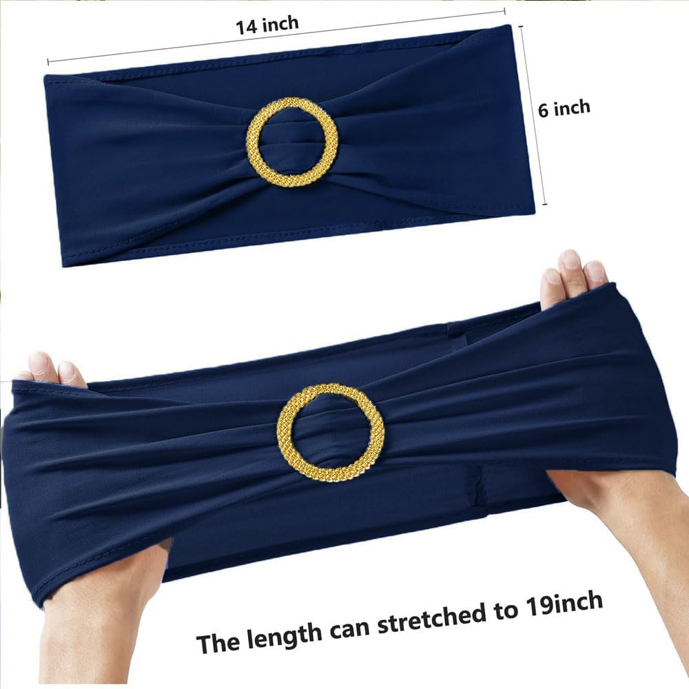 Skiennix 50 Pack Navy Blue Chair Sashes - Spandex Bands with Gold Buckle Slider for Events & Décor