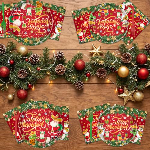 Deorfuy Feliz Navidad Spanish Christmas 96pc Dinnerware Set — 24 Plates, 24 Napkins, 24 Forks