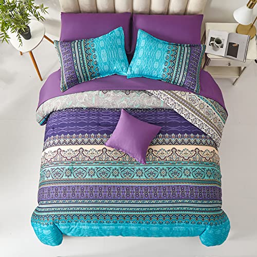 Boho Queen Comforter Set, 8 Piece Bed in a Bag Aqua Paisley Floral Microfiber