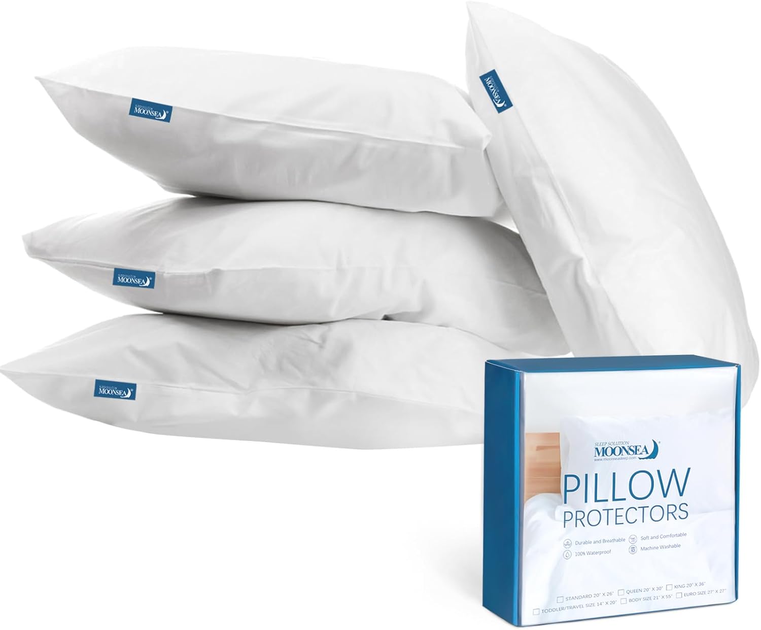 Skiennix Waterproof Pillow Case Protectors - Zippered Encasement, 4 Pack, Standard Size 20 x 26 Inch, White