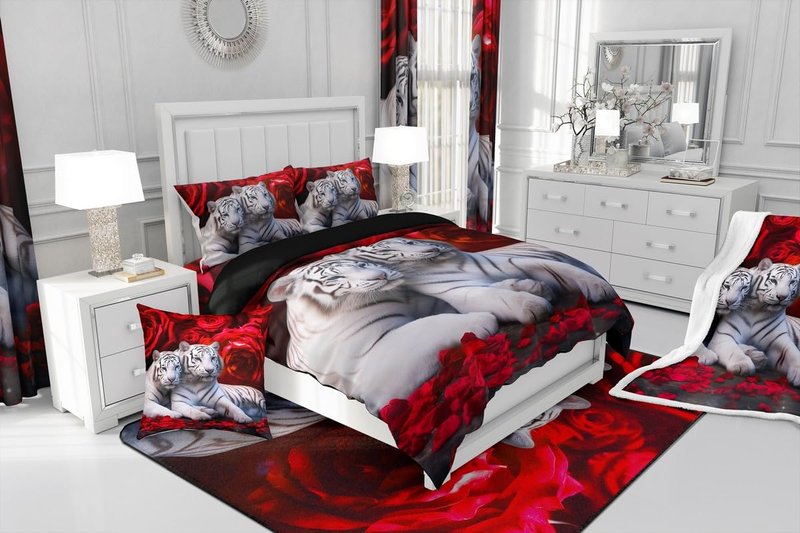 Tiger Bedding Set King Size,Red Rose Flower Comforter Cover for Boys Girls,African Safari Animals Duvet Cover,Big Cat Wild Animal Skin Quilt Cover,Romantic Garden Floral Bedroom Decor