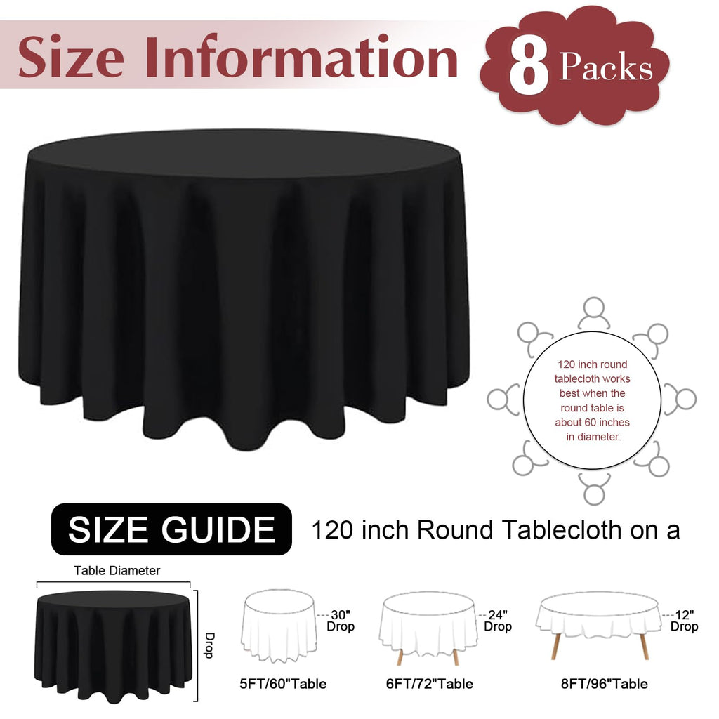 Mclisle 8 Pack Black Round Tablecloths 120 Inch Table Cloths for Round Tables, Wrinkle Resistant Washable Decorative Polyester Table Cover for Wedding Party Dining Banquet
