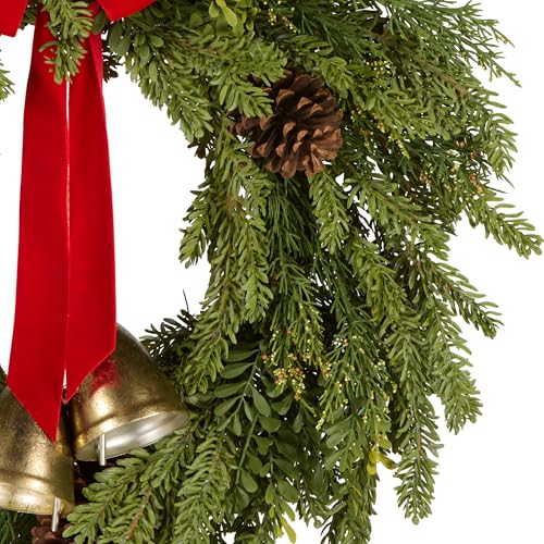 National Tree Company 28in Artificial Christmas Wreath with Bells, Pinecones & Red Ribbon