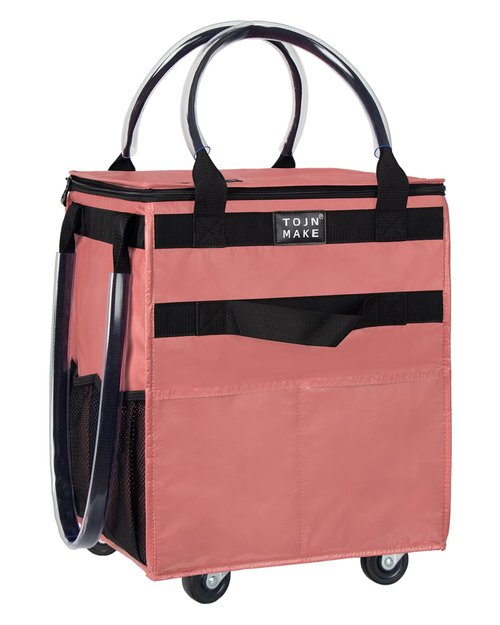 TOJNMAKE Reusable Grocery Bag On Wheels Shopping Trolley with 8 Pockets and Zipper Cover Foldable Rolling Tote, Heavy Duty Handles, Carries Up to 22 LBS (Small, Pink)