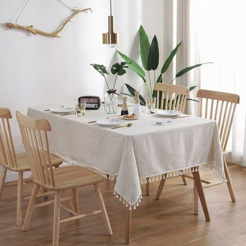 AMZALI Washable Cotton Linen Tablecloths Fabric Tassel Tablecloth Dust-Proof Table Cover for Kitchen Dinning Tabletop Home Decoration Everyday Use (Rectangle/Oblong, 55 x 102 Inch, Linen)
