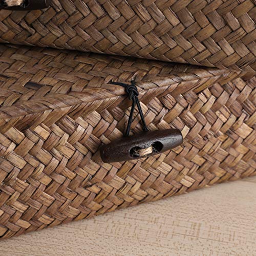Set of 2 Woven Seagrass Storage Bins with Lids Coffee Flat Baskets