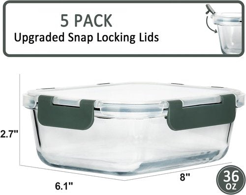 MCIRCO Glass Meal Prep Containers - 5-Pack 36 Oz Airtight Lunch Containers with Snap Locking Lids | Microwave, Oven, Freezer Safe