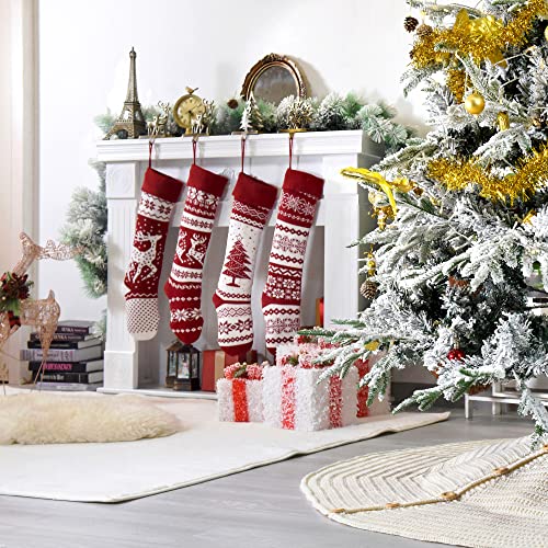Starry Dynamo 26 Inch Set of 4 Nordic Knitted Christmas Stockings Burgundy & White - Holiday Decor