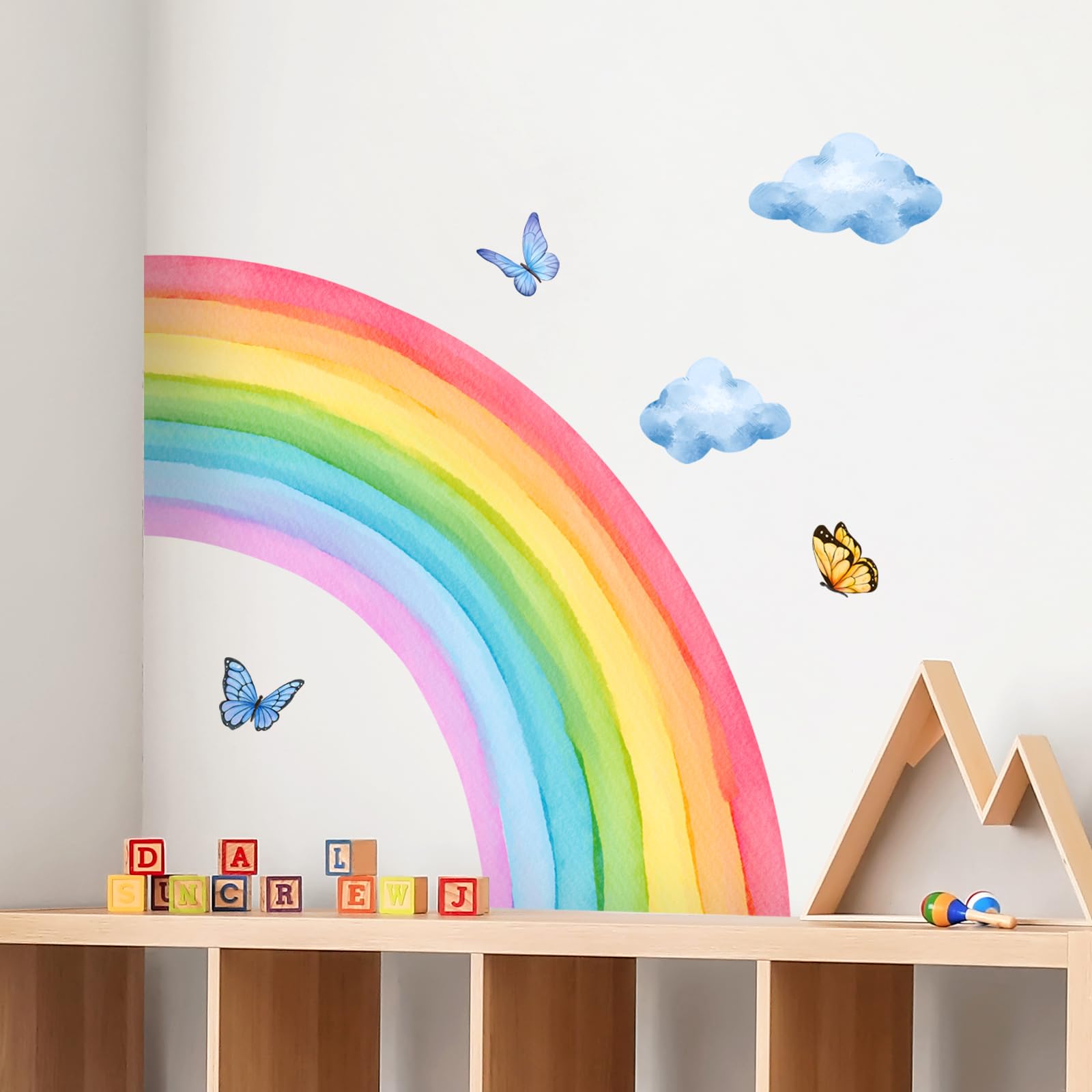 Supzone Large Rainbow Cloud Butterfly Wall Stickers Toddlers Girl Bedroom Wall Decals DIY Vinyl Mural Art for Baby Nursery Bedroom Playroom Home Decoration