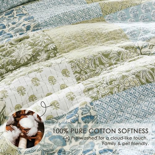 100% Cotton Reversible Quilt Set - Queen Size Floral Bedspread with 2 Shams