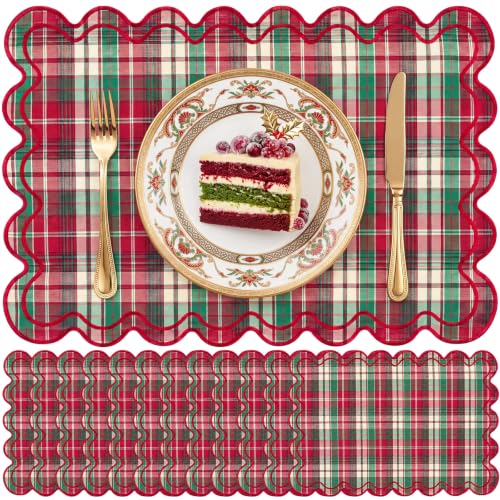 Gandeer Linen Placemats Set of 12 – 13 x 19 in, Scalloped, Christmas Red & Green