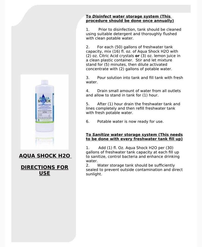 AQUA SHOCK H2O Fresh Water Tank SANITIZER/Disinfectant