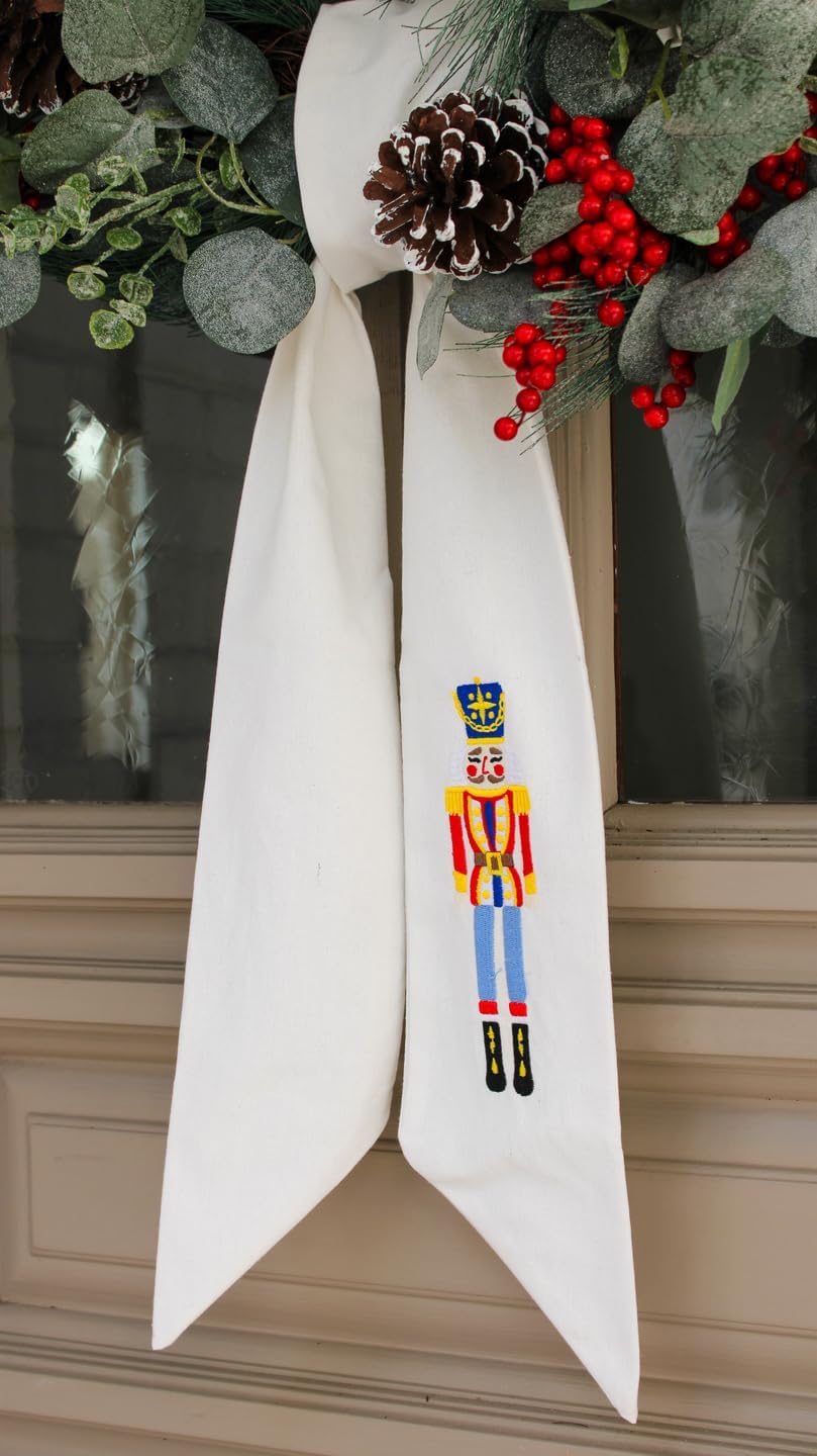 Nutcracker Linen Wreath Sash - Embroidered Christmas Decoration for Front Door | 56" L x 4.5" W
