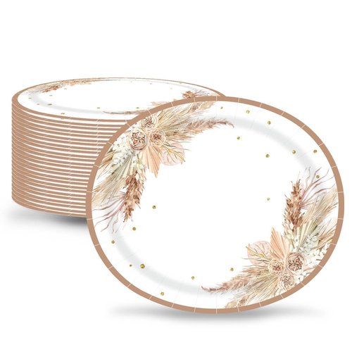 Aysimple 50PCS Boho Party Oval Paper Plates Large 10'' x 12'' Disposable Bohemian Party Platters, Pampas Grass Floral Design Heavy Duty Dish Tray for Baby Shower Birthday Wedding Event