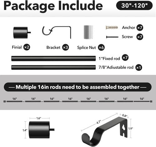 IFELS Heavy Duty Curtain Rods - Adjustable 66 to 120 Inch Black Drapery Rod for Farmhouse & Living Room