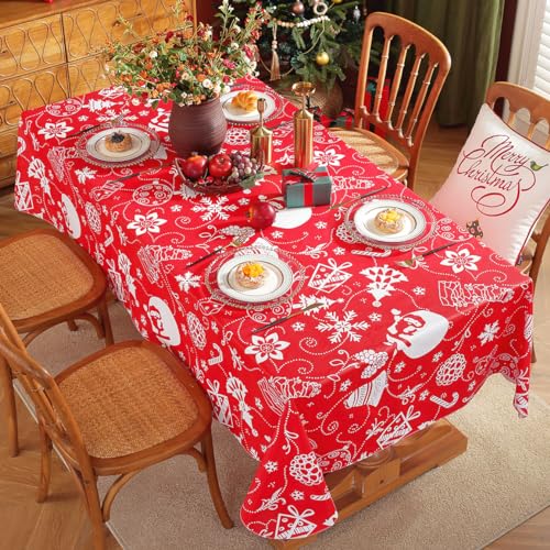 Christmas Vinyl Tablecloth 52x70 Rectangle - Waterproof, Flannel Back Red