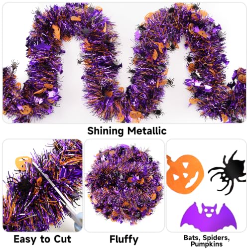 Halloween Metallic Tinsel Garland with Pumpkin & Bat Accents, 33 FT