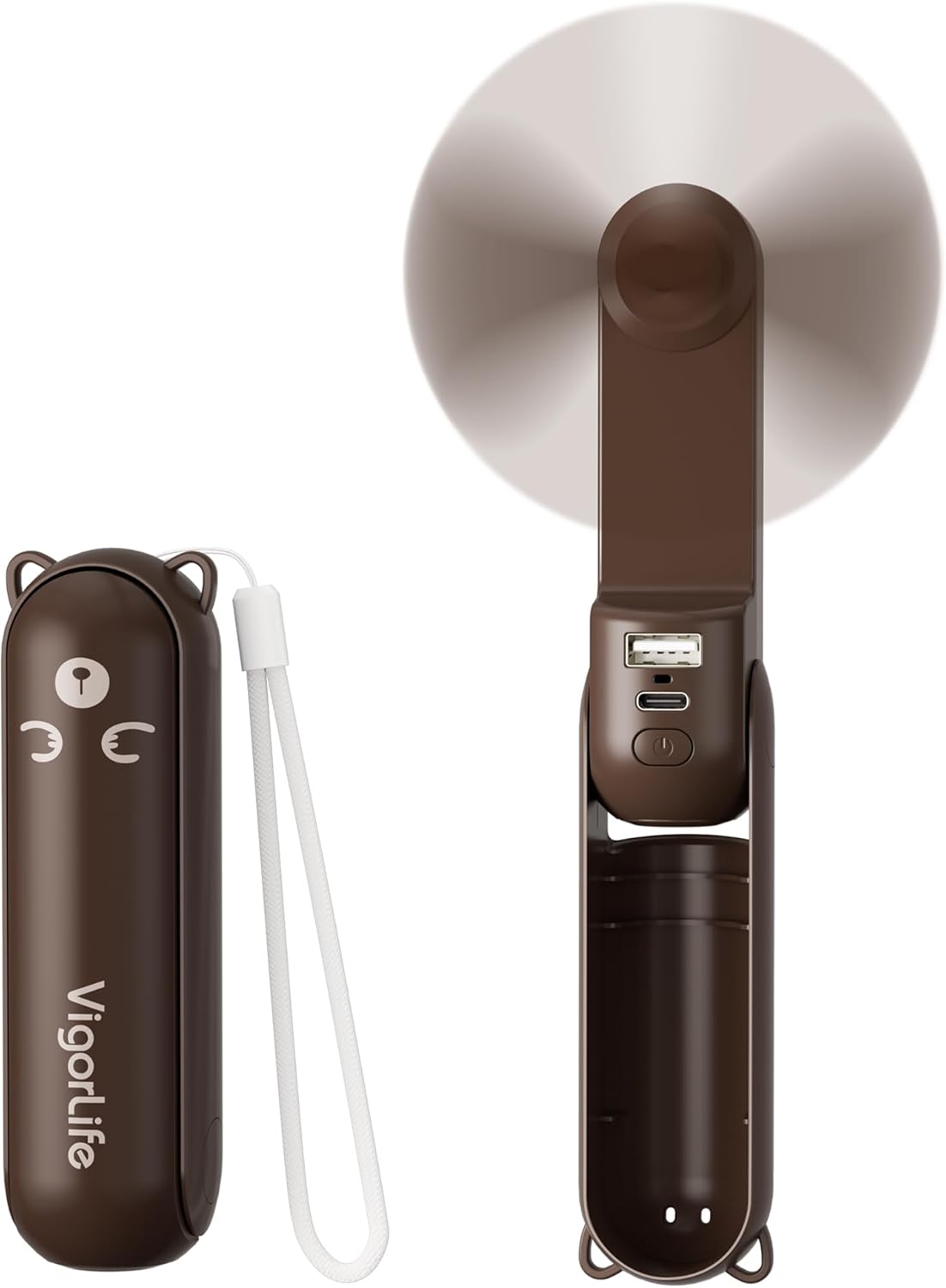 Skiennix Mini Handheld Fan - USB Rechargeable 3-in-1 Personal Cooler with Power Bank & LED Flashlight | Portable Brown Travel Essential