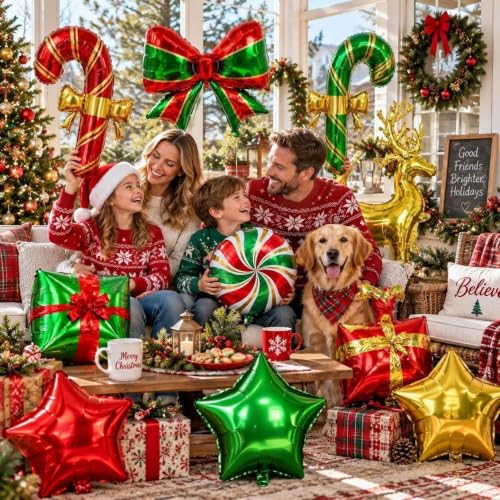Pinbra Christmas Foil Balloons Kit - Candy Cane, Reindeer, Star & Gift Box Party Decorations