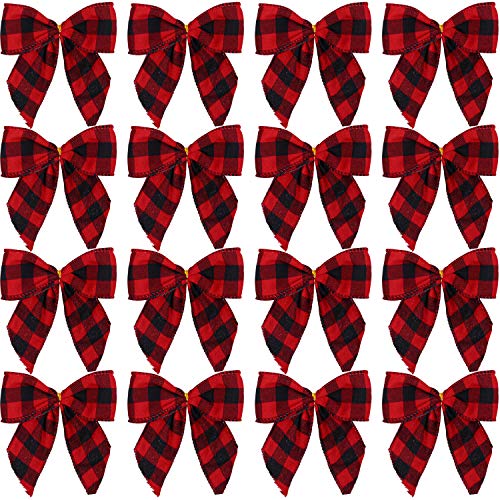 Aneco 16 Pcs Christmas Buffalo Plaid Bows 5x4 in Red Black Hanging Bow (Variation: Red and Black Plaid)