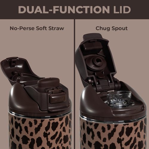 HydroJug 32oz Stainless Steel Water Bottle - Vented Cap, Straw & Chug Lid, Brown Leopard Design