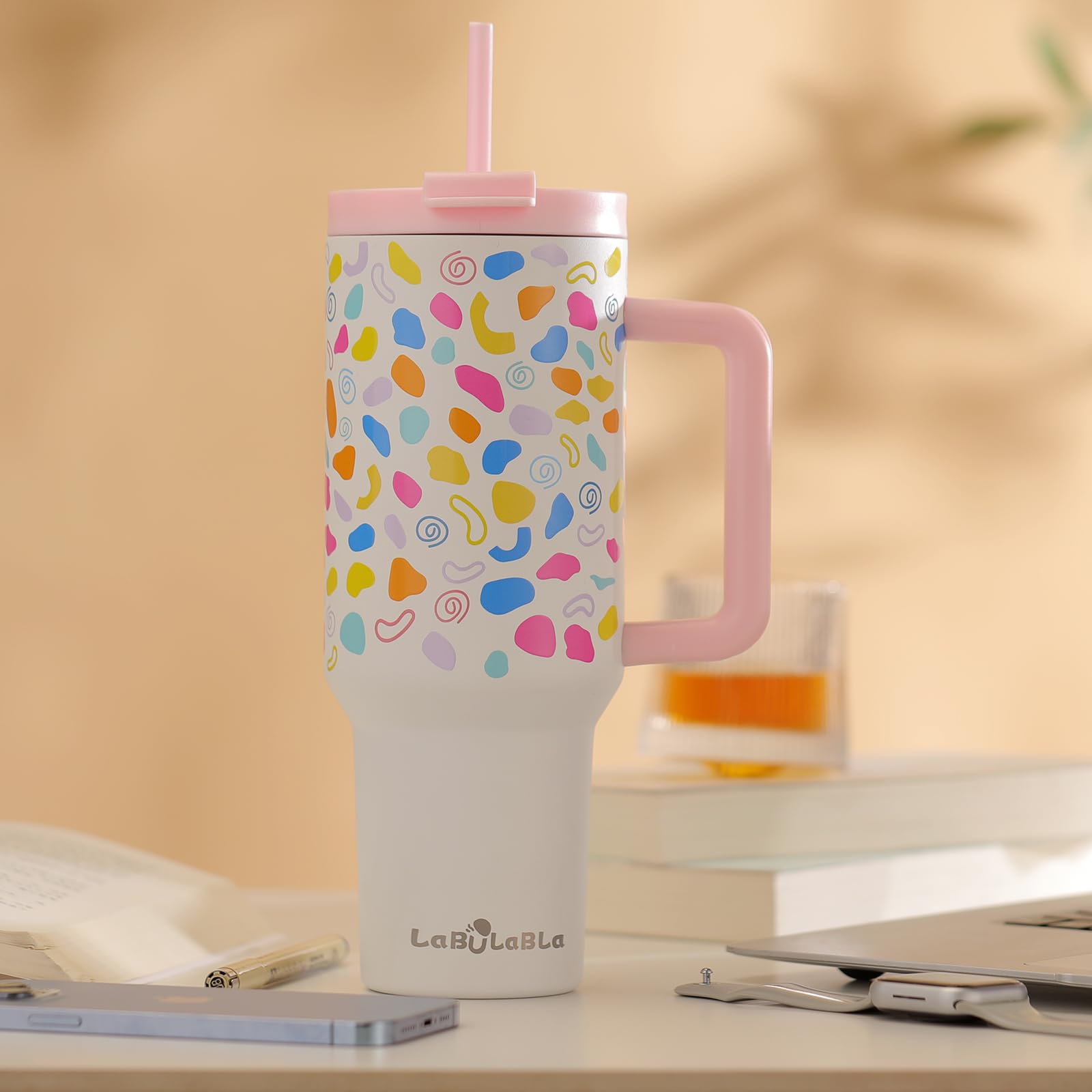 Labulabla 40oz Tumbler with Handle,Double Wall Vacuum Reusable Stainless Steel Insulated Water Bottle,With Leak Proof lid and Straw for Iced or Cold Beverages (Cloud-like White)