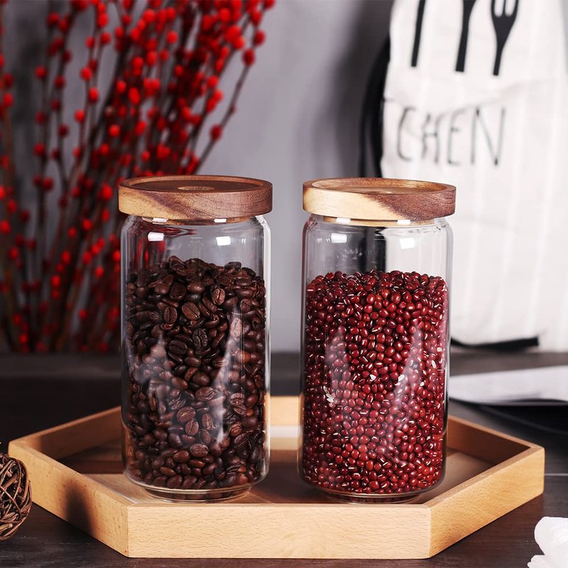 SAIOOL Home Borosilicate Glass Kitchen jars/Canisters with Acacia Wood Airtight Lid Set-2 Pack 30Oz/900ml,Minimalist Preprinted Farmhouse Style. White Matte Sticker Black Text.