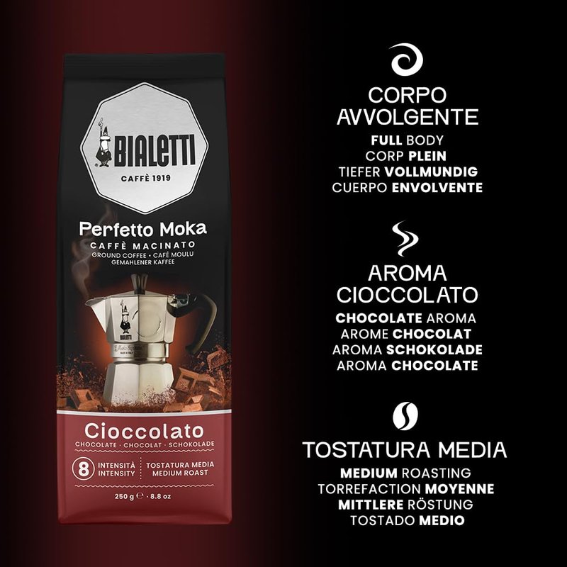 Bialetti - Perfetto Moka Cioccolato: Medium Roasting Ground Coffee, Chocolate Aroma, 8.8 Oz - 250g, Bag with Flavour-Saving Valve