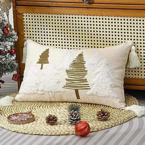 Lewondr Christmas Pillow Cover - Beige Trees, 12x20 Inch, Velvet & Embroidered Design
