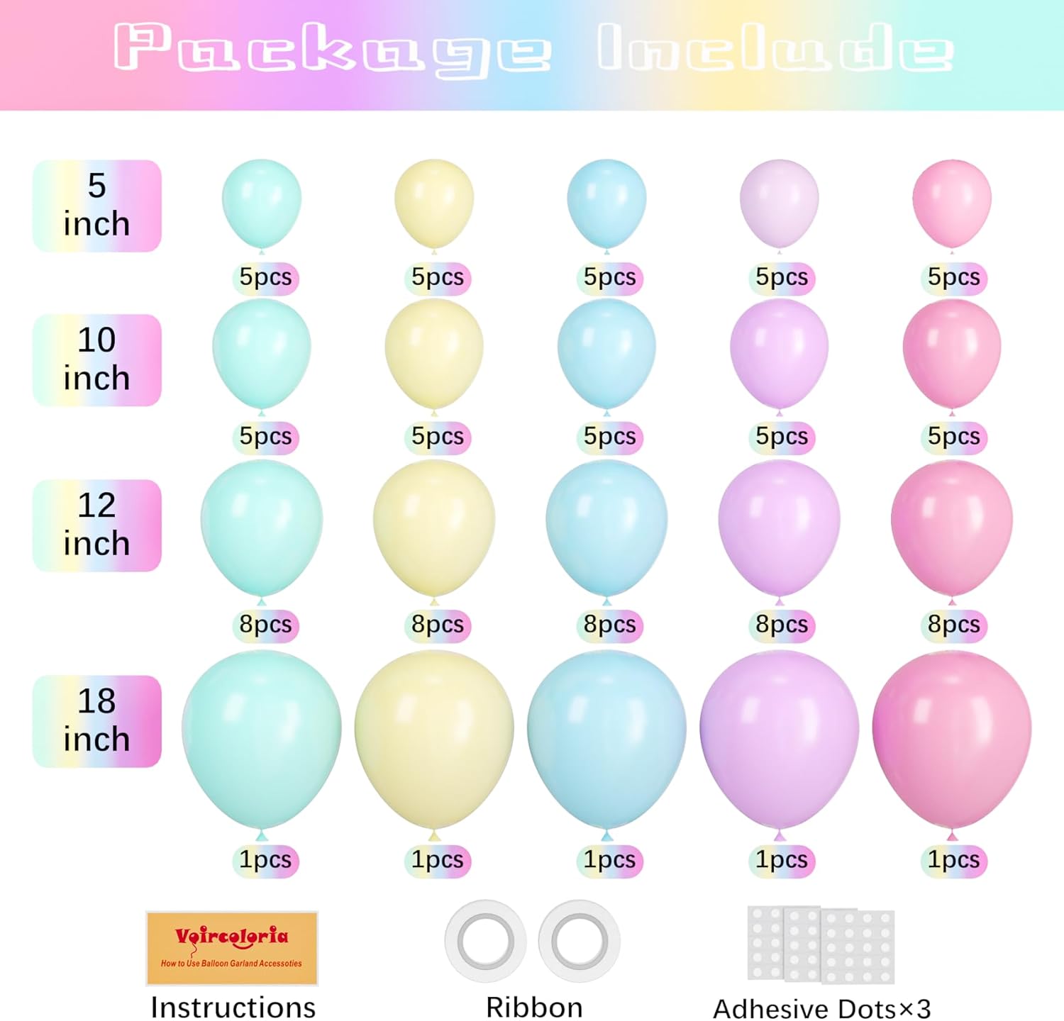 Voircoloria 95-Pack Pastel Balloons - Versatile Garland Arch Kit for Weddings, Birthdays & Events | 18/12/10/5 Inch