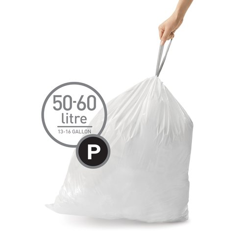 simplehuman Code P 200 Count, Dispenser Pack Custom Fit Liners, Drawstring Trash Bags, 50-60 Liter / 13-16 Gallon, White