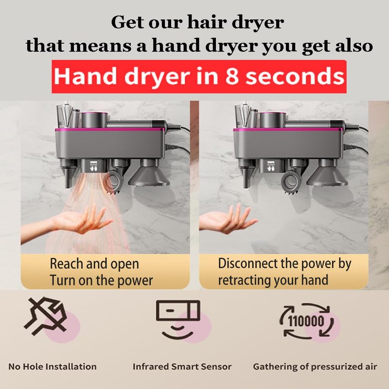 WAVANCKY Hair Dryer Holder Compatible for Dyson Supersonic and Attachments, Magnetic Nozzle Storage, Automalic Hand Drying No Drilling Required, Blow Dryer Stand for Dyson (Pink-Red)