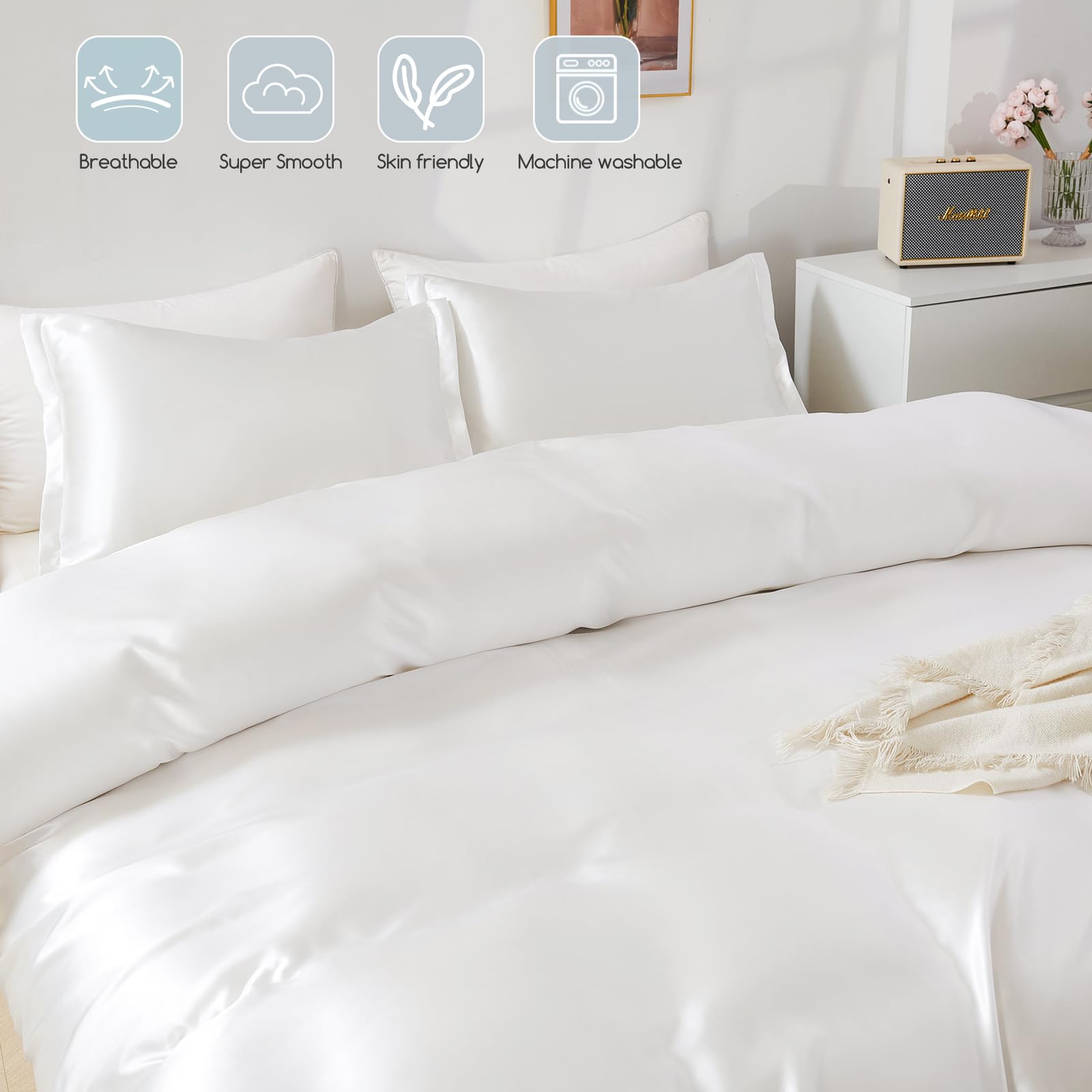 HOdo Home Satin Duvet Cover Twin Size, 3 Piece Silk Like Comforter Cover, Ultra Soft and Breathable Bedding Set with Zipper Closure & Corner Ties (White)