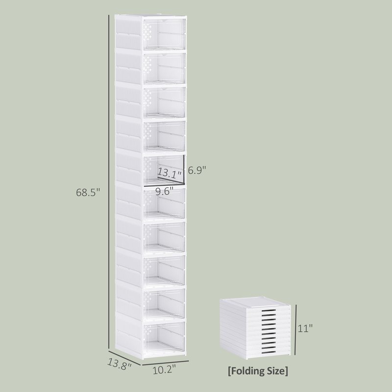 HOMCOM 8 Pack Foldable Shoe Organizer, Plastic No Assembly Stackable Shoe Storage Box with Clear Door, Space Saving, Fit up to US Size 10, White