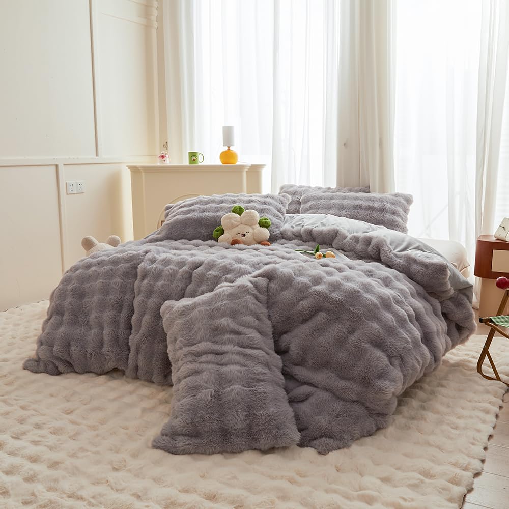 Roscloud Rabbit Plush Kids Girls Gray Comforter Cover Duvet Cover Twin - 3PC Faux Fur Bed Set Soft Warm Velvet Flannel Fluffy Fuzzy Bedding（Comforter x 1 Pillowcases x 2）