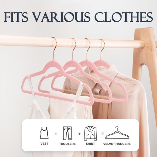 HOUSE DAY Pink Velvet Hangers - Premium Non-Slip Felt Clothes Hangers | 360° Swivel Rose Gold Hook, Space-Saving Design