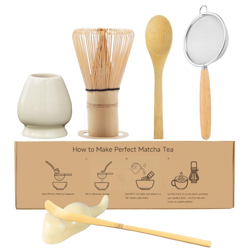 JavaNest Matcha Whisk Set, 6-Piece Matcha Making Kit, Macha Tea Set, (Chasen Holder), Ceramic Whisk Holder, Matcha Starter Sifter, Bamboo Scoop, Spoon Japanese Tea Tools For Ceremony Gift (Yellow)