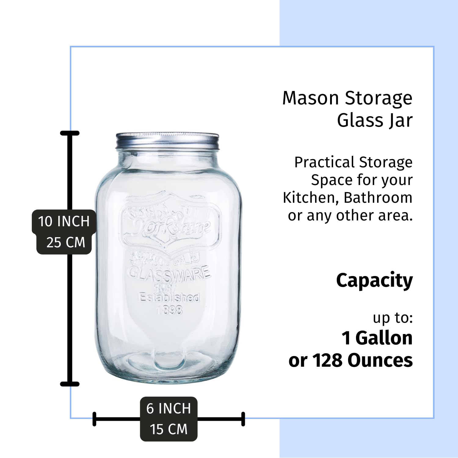 Diamond Star 1 Gallons Mason Jar with Brushed Tin Lid, Large Glass Wide Mouth Canning Food Storage Containers for Kitchen Canning Cereal, Pasta, Sugar, Beans, Spice, Preserves, Dog Treat