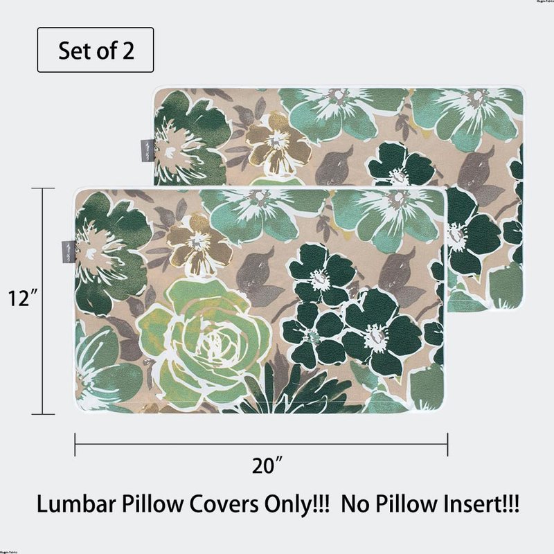 Magpie Fabrics Patio Lumbar Pillow Covers ONLY 20"x12", Set of 2, Outdoor Indoor Cushion Cases Decorative Throw Rectangular Pillowcase Shell for Couch Garden - Green Floral
