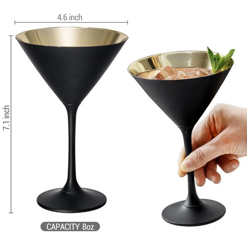 MyGift 8 Ounce Modern Matte Black and Metallic Gold Tone Plated Martini Glasses, Drinking Glass for a Cocktail Party, Wedding, or Anniversary Dinner, Set of 2