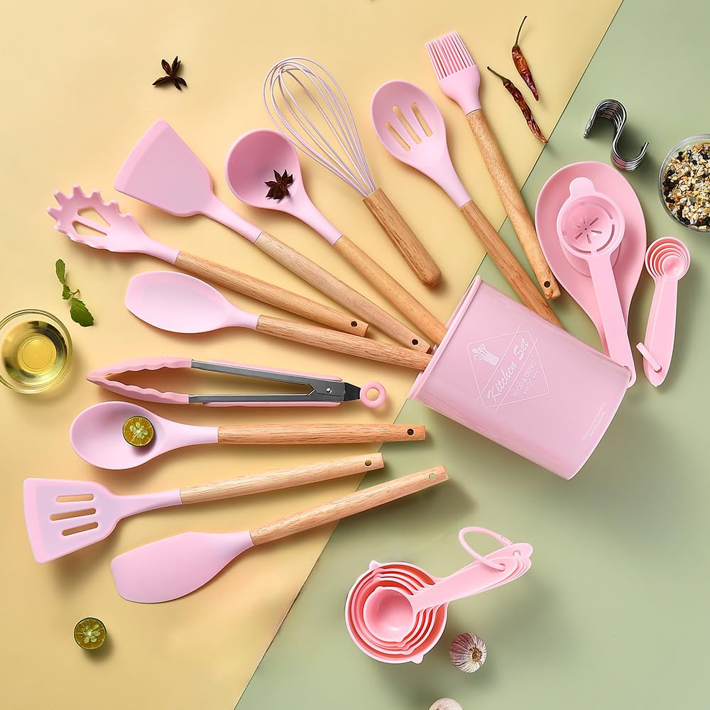 34pcs Silicone Cooking Utensils Set, Kitchen Silicone Cookware Set with 10 Hooks, Egg Beaters, Food Holders, Spoons Cooking Tools, Stirring Kitchen Tools for Nonstick Cookware (Pink)