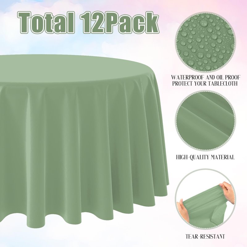 YIDAKO 6Pack Sage Green Plastic Tablecloths Round Light Green Tablecloth Waterproof Disposable Round Sage Table Cover for Birthday Bridal Wedding Baby Shower Party Decorations,84Inch