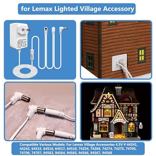 Sigely 4.5V Power Adapter Replacement for Lemax Lighted Village Accessory 74254 94563 94565 for Christmas Halloween Village Lights Micro Lighting Building Decor (3 Output, with 303 Switch)