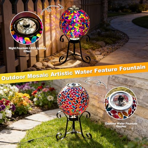 10-Inch Mosaic Glass Orb Water Fountain with Light for Indoor and Outdoor