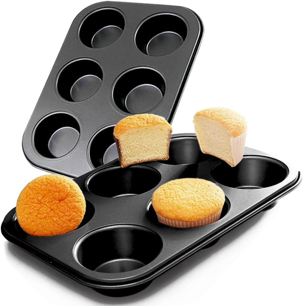 Premium Steel Muffin Pan by [Brand Name] - 2 Pack Round Baking Tray for Muffins & Cupcakes (Black, 6 Cup)